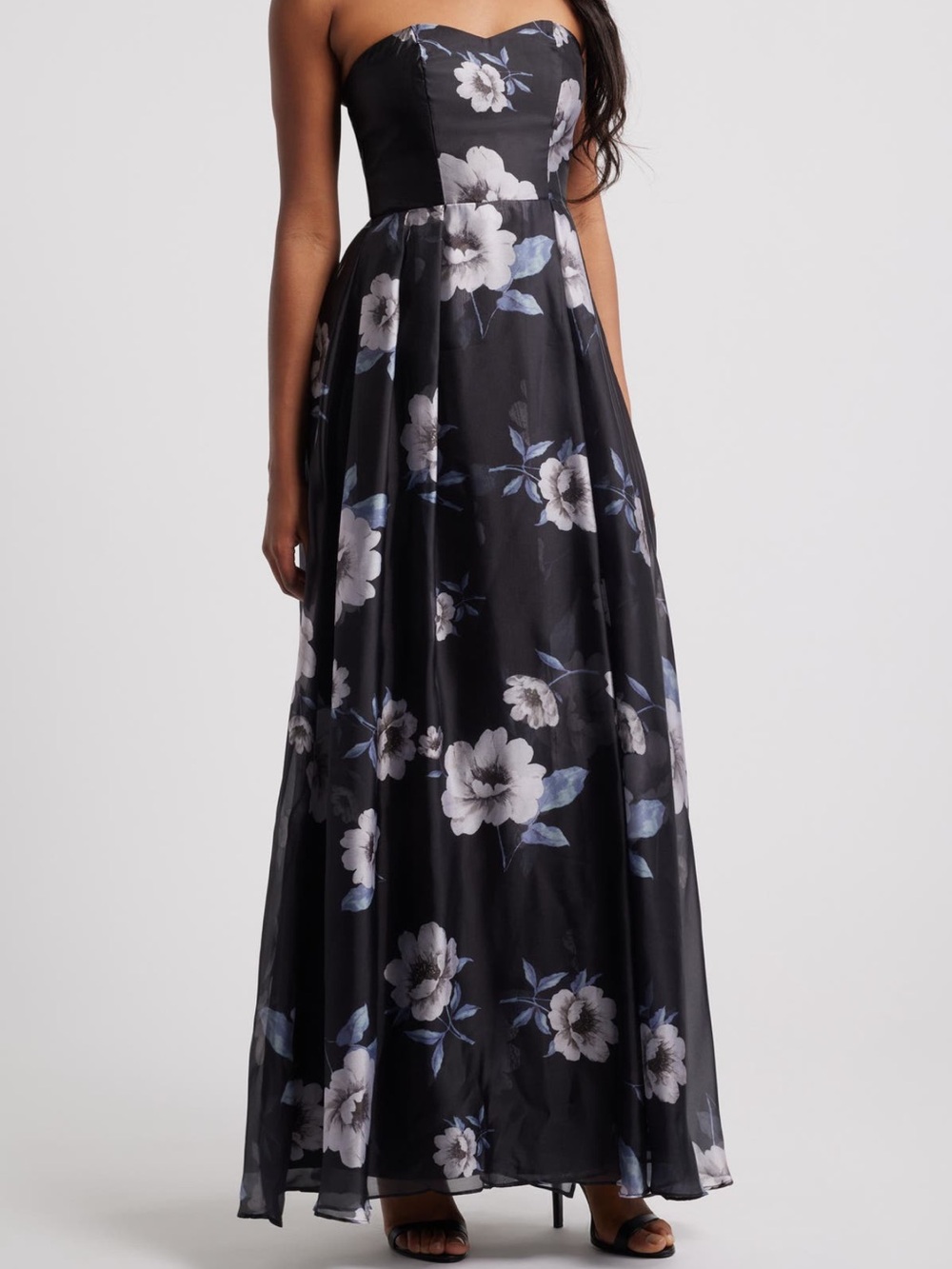Lulus Strapless Black Floral Organza Gown